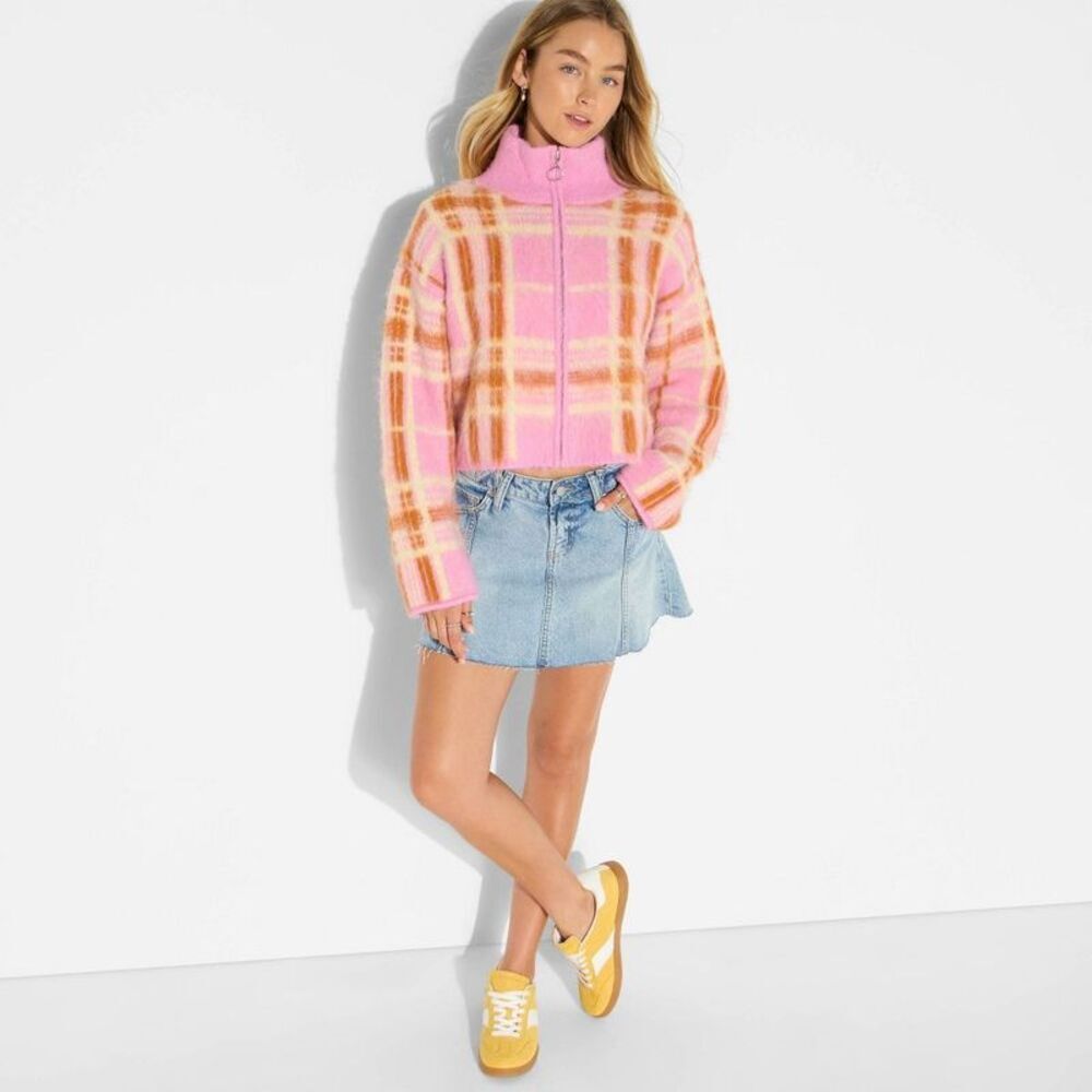 Women's Full Zip Mock Turtleneck Cardigan - Wild Fable Pink Plaid XS